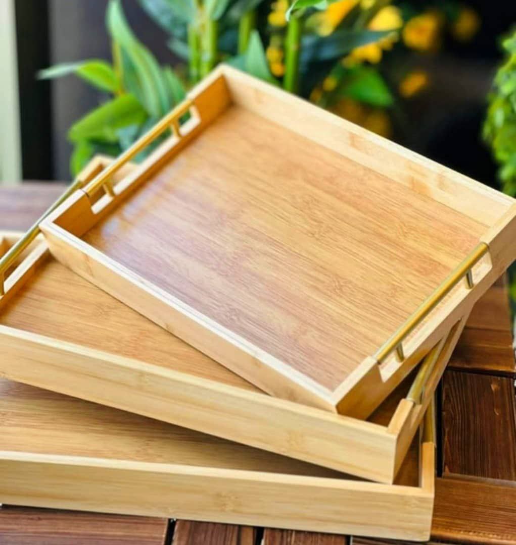 سینی پذیرایی بامبو مستطیل دسته فلزی سه سایز